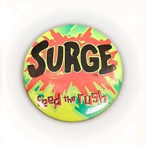 Vintage Surge Soda Feed The Rush Button Pin 1990s RARE promotional Coca-Cola